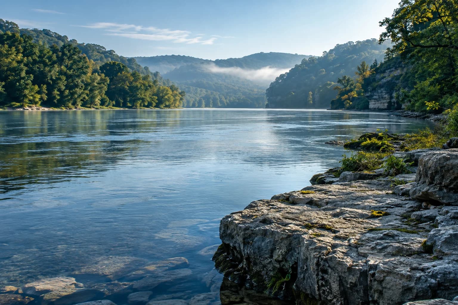 An original landscape illustration of a quiet river and wooded shoreline.